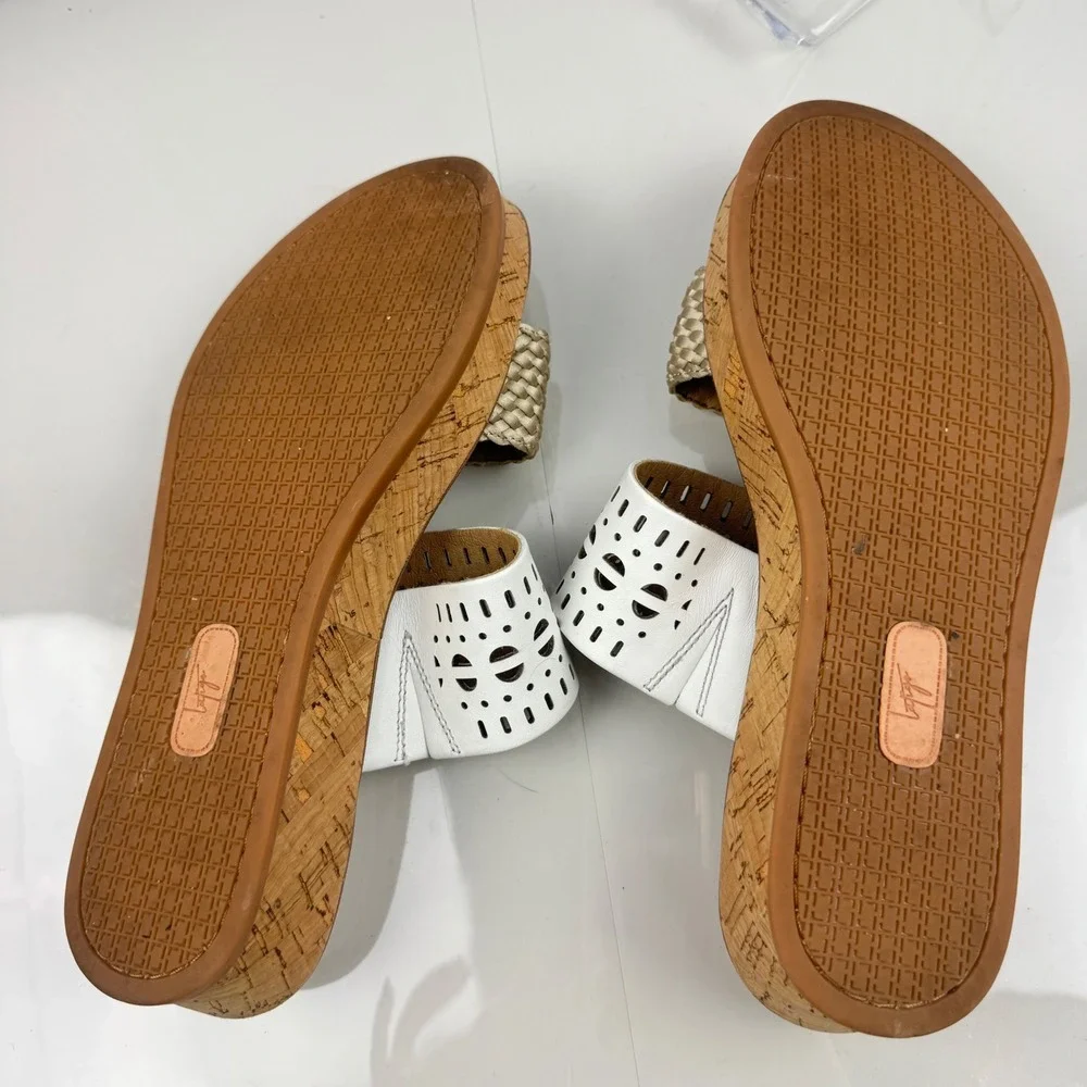 Latigo Kate White Wedge Slide Sandals Women Size 8‎ Cork Wedge Laser Cut